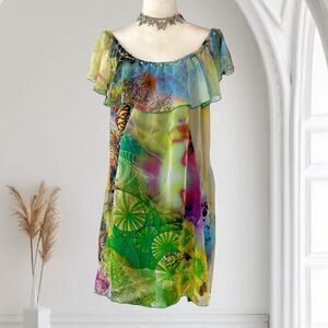 Faith Early 2000's Fairy Flutter Green Pink Flowy Mesh Mini Midi Sequin Dress M